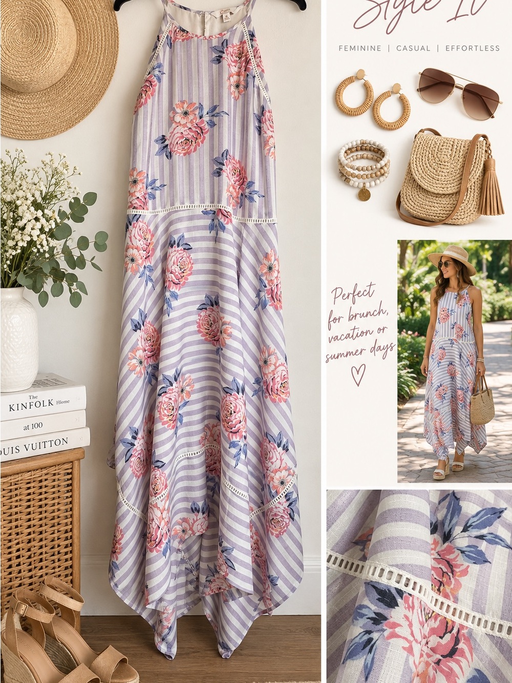 Candie's Lavender Striped Maxi Dress with Pink Floral Print